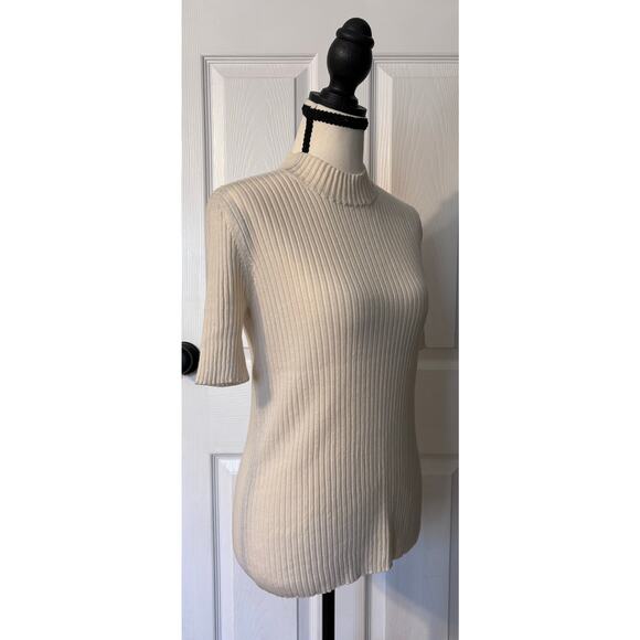 MM Lafleur Short Sleeve Shirt Women's Small Cream Ribbed Merino Wool Mock Neck - Picture 5 of 8